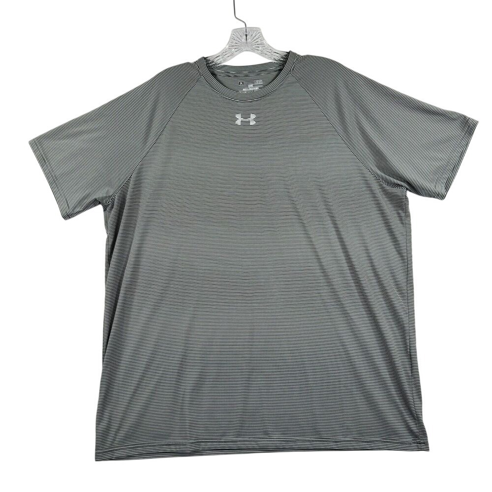 Under Armour T-Shirt Mens Large Grey Striped HeatGear‎ Loose Fit Short Sleeve